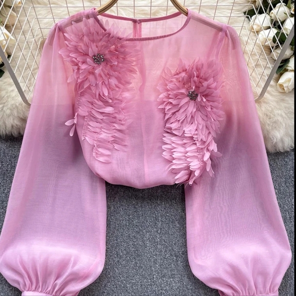 Tops - Loose Satin Blouse Women O Neck Long Sleeves Sheer Bohemian Top